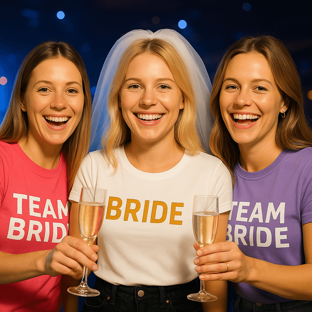 junggesellinnenabschied-bedrucktes-tshirt-bremen Braut mit Schleier stößt mit Freundinnen beim Junggesellinnenabschied in Partyoutfits und T-Shirts an.